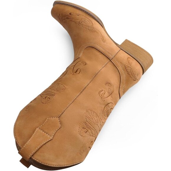 🆕Women Tan Toe Cowboy Cowgirl Boots Pull On Low Chunky Heel Mid Calf Western - Picture 2 of 5
